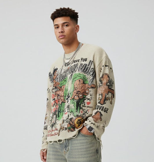 Sauvage Valley Distressed Waffle Knit Crewneck