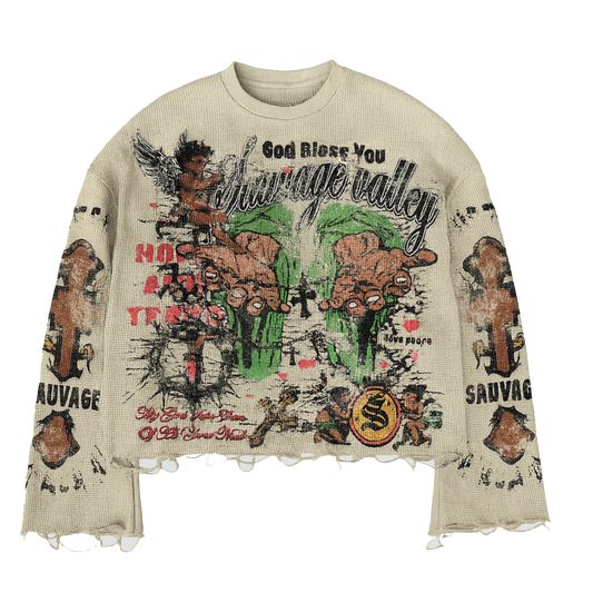 Sauvage Valley Distressed Waffle Knit Crewneck