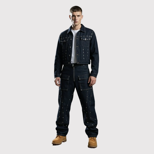 Utility Studded Wide-Leg Denim Pants